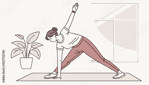 Woman stretching on yoga mat in casual wear indoor fitness and flexibility exercise      