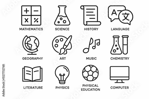 Educational icons illustrating core subjects in school curriculum