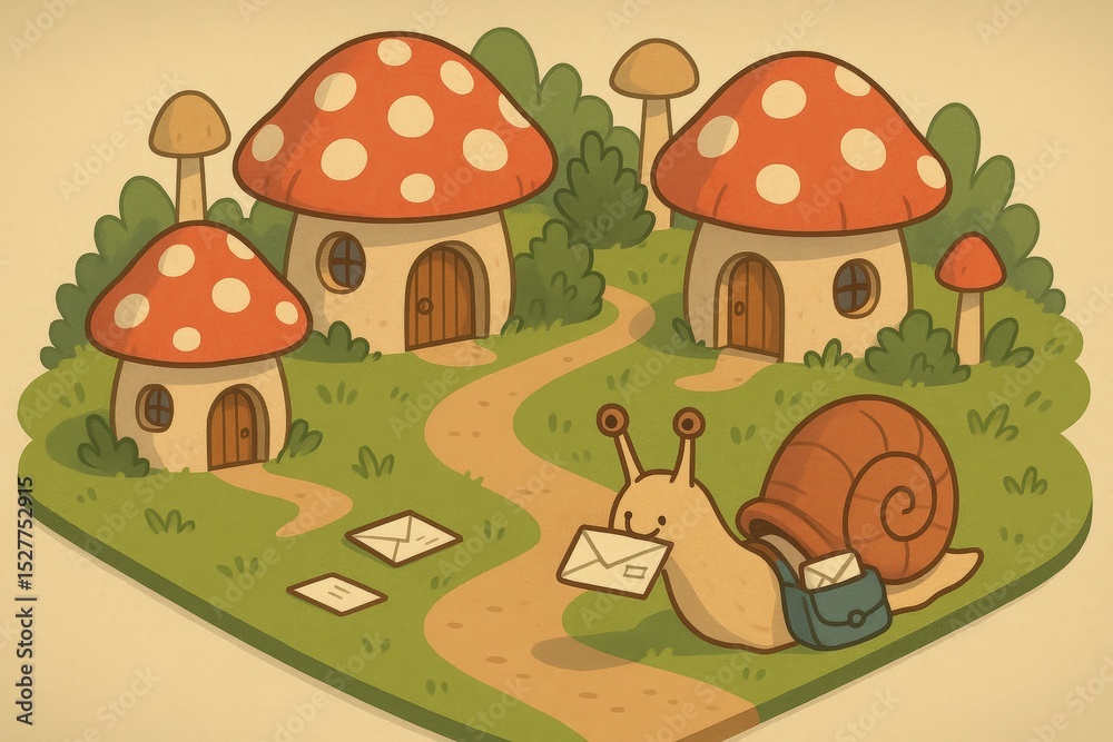 Fototapeta premium Whimsical mushroom village with snail mail delivery for illustrative design