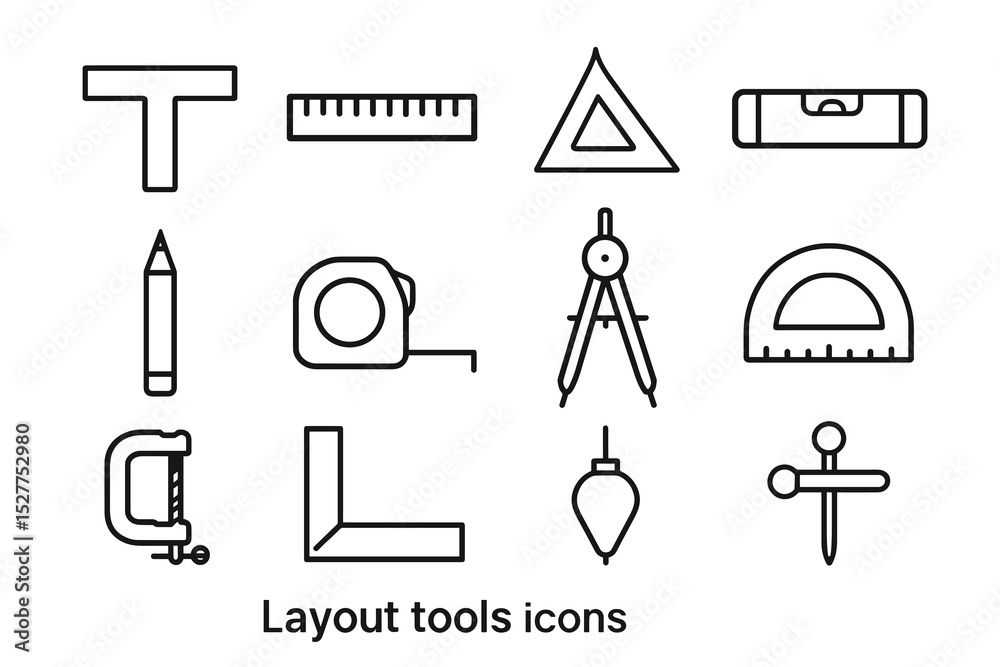 Fototapeta premium Outline icons of essential layout tools for design and drafting