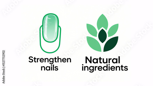 Green nails and leaf patterns represent strengthened nails and natural ingredients, suitable for nail care and natural beauty product scenes.