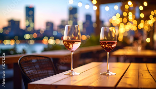 Wine glasses on a table on an outdoor terrace