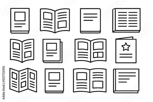 Outline icons of various books and publications in black and white