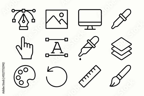 Design tool icons: vector, image, screen, color picker, layer, palette, brush