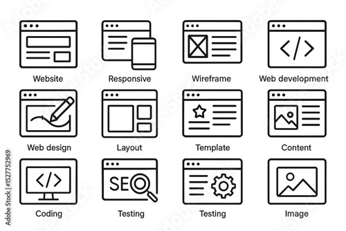 Web design and development icons: wireframe, coding, layout, seo testing