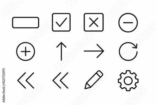 Minimalist icon set: checkmarks, arrows, and settings gear