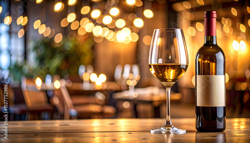 Scenery of a restaurant interior with wine glasses and wine bottles