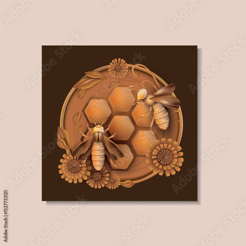 Bees in hive with honeycombs and flowers nearby. Vector drawing in the wood-cut panel style for kitchen wall design, other room, T-shirt printing, cup, honey jar label, honey selling shop advertising.