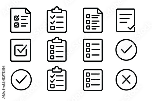 Checklist and document icons set featuring checkmarks and crosses