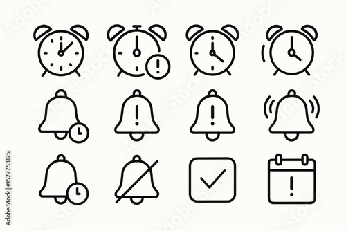 Outlined clock and bell icons for time management and reminders