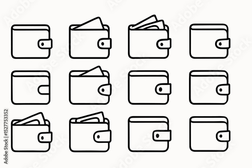 Minimalist wallet icon set featuring various open and closed designs