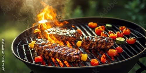 Grilled Delicious Beef Steaks with Colorful Vegetables on the Barbecue, Perfect Summer Dinner BBQ photo