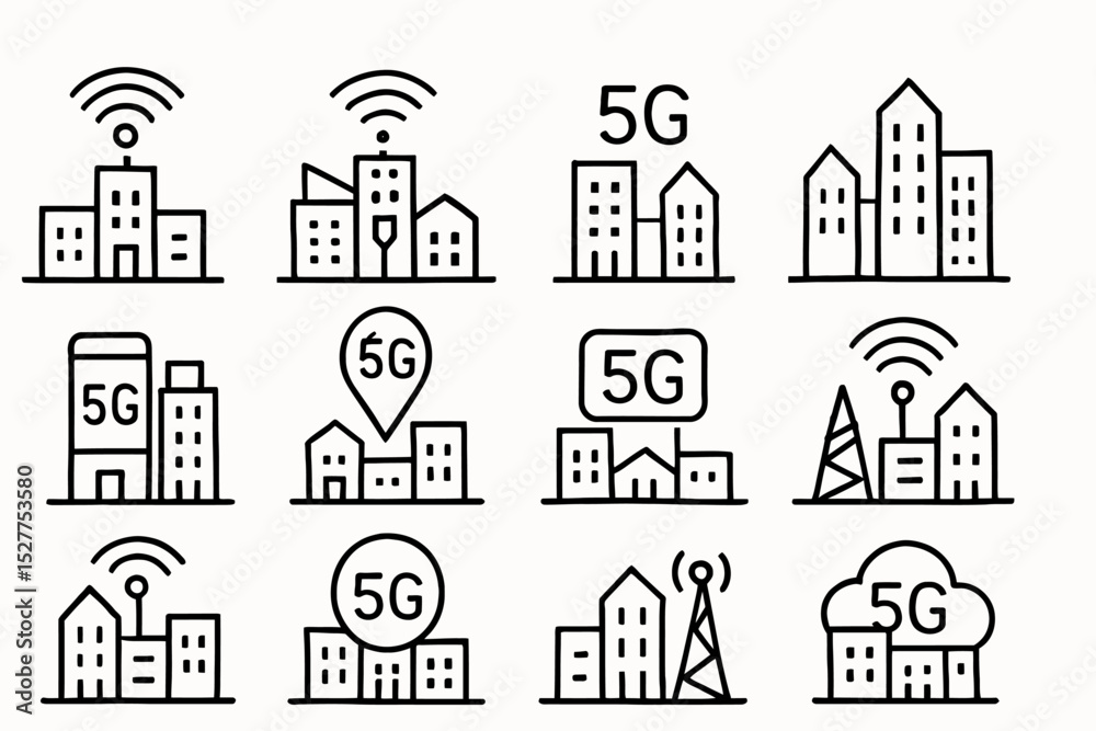 Fototapeta premium 5g communication technology icons: urban buildings and network symbols