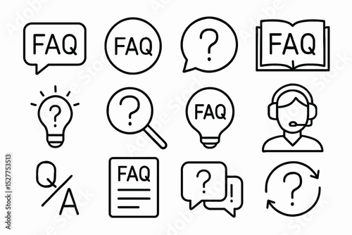 Faq icon set with question marks and support symbols in line art style