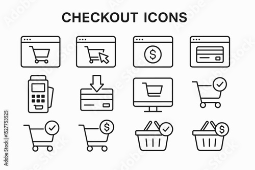 Checkout icons: shopping carts, payment methods, dollar symbols, digital transactions