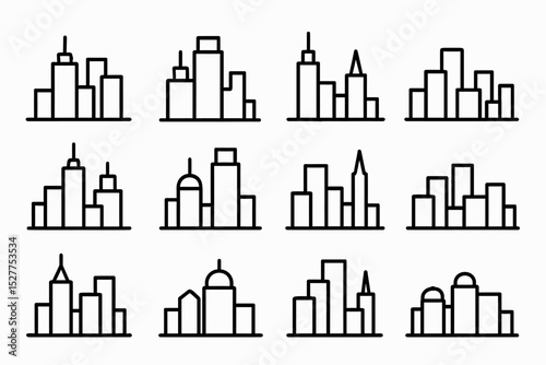 Set of minimalist city skyline icons in black and white