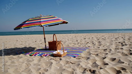 Colorful Beach Picnic Setup on the Sand at Rehoboth Beach with Umbrella, Basket, and Ocean in the Background
