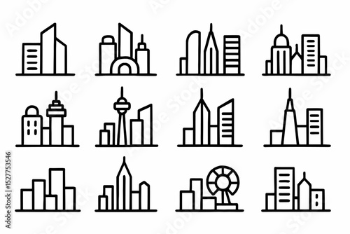 Set of minimalist city skyline icons with modern architectural designs