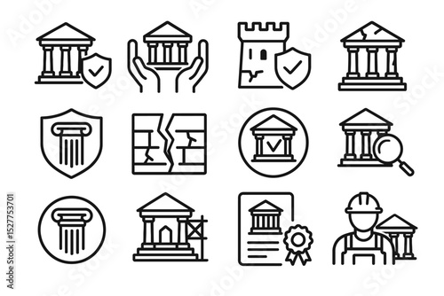 Set of security and architecture icons including shields and building structures