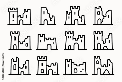 Set of twelve simple medieval castle line drawings with varying designs