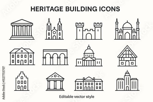 Heritage building icons: historical architecture collection in line art style