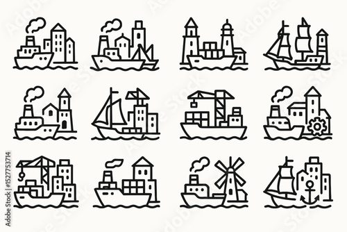 Nautical themed icons: ships, buildings, lighthouses, and windmills