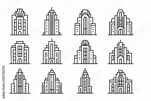 Art deco buildings line icons set: linear architectural designs collection