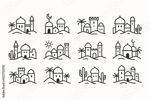Set of iconic middle eastern architecture line drawings with mosques and minarets