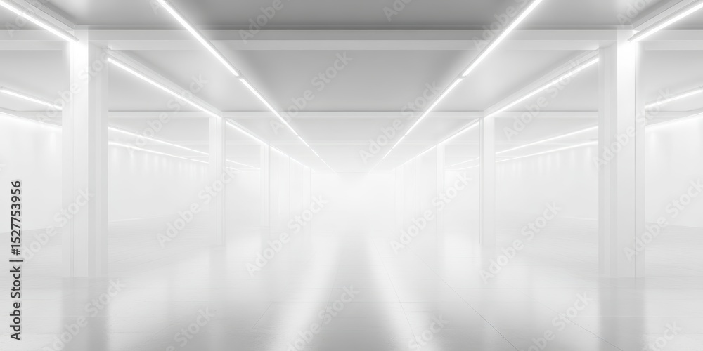 Obraz premium Spacious and Bright Futuristic Hallway Interior with Illuminated Colonnades and Concrete Flooring