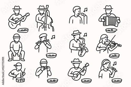 Illustrated musicians playing instruments in various performances with musical notes