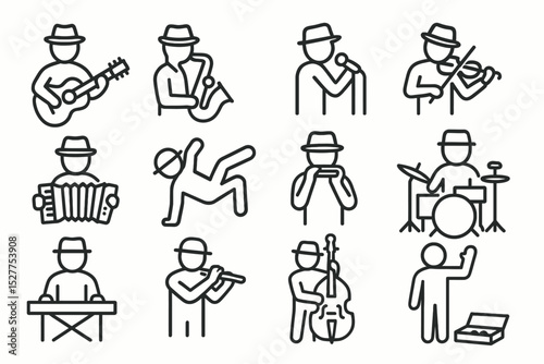 Set of musical icon illustrations featuring instrument playing and dance
