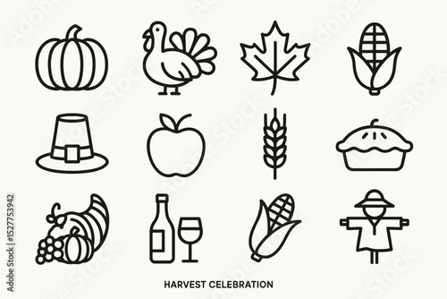 Thanksgiving icons: pumpkin, turkey, maple leaf, corn, apple, pilgrim hat, harvest symbols