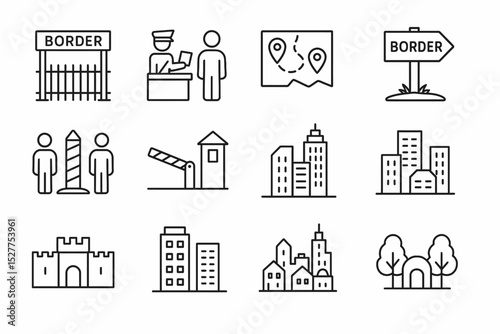 Outline icons of border control, maps, urban landscapes and architecture
