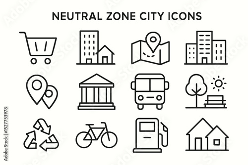 Minimalistic urban icons featuring buildings, map, transport, and environment symbols