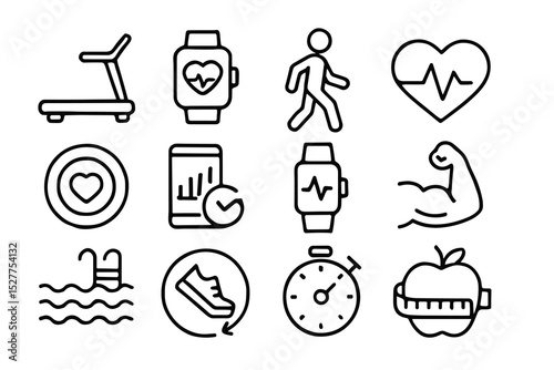 Fitness and health icons: treadmill, smartwatch, heartbeat, exercise, nutrition