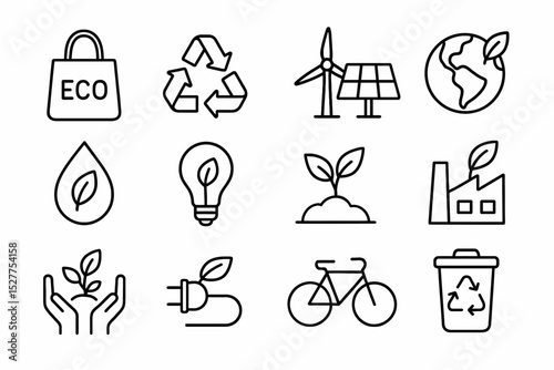 Eco icons set: sustainability, recycling, renewable energy, environmental conservation