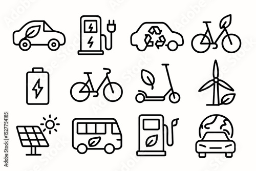 Eco-friendly transportation icons: electric cars, bicycles, solar energy, and leaf symbols