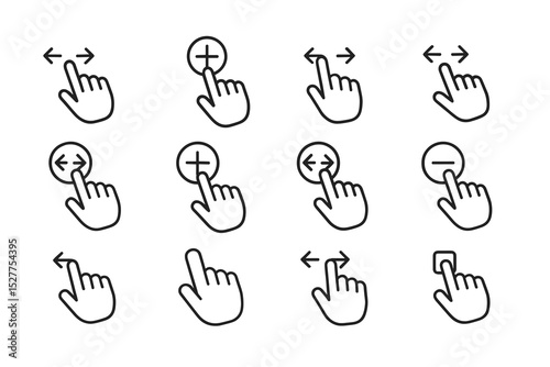 Gesture icons set: zoom, swipe, tap, pan movements in vector style