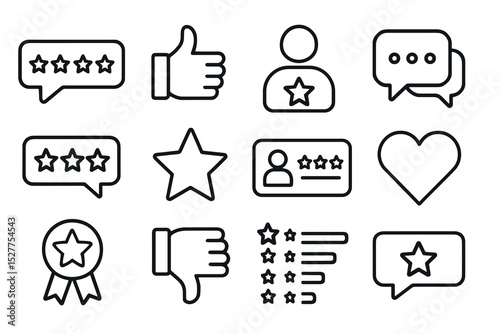 Icons of reviews and ratings: stars, thumbs up, speech bubbles, heart, badge