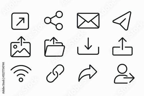 Communication and sharing icons set: email, share, upload, download, link, wifi