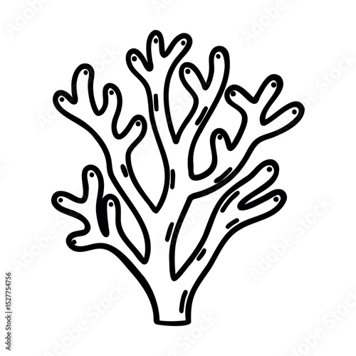 Black and white line drawing of coral with branching structure and rounded tips, isolated on white background.