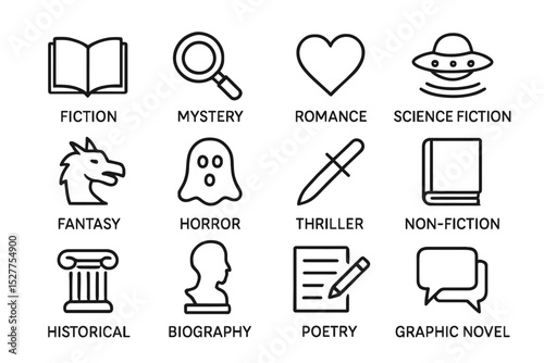 Book genre icons: fiction, mystery, romance, sci-fi, fantasy, and more