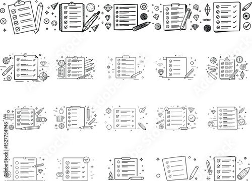 Checklists with Pencils and Geometric Shapes Seamless Doodle Pattern for Planning, Productivity, and Organization