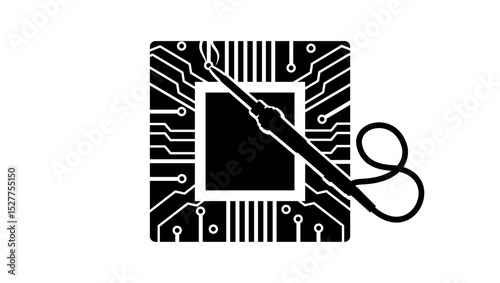Soldering of a microcircuit, black isolated silhouette