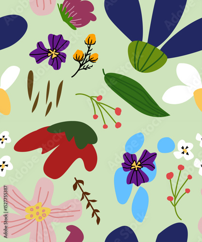 Abstract floral seamless patterns with chamomile. Trendy hand-drawn textures. Modern abstract design for paper, cover, fabric, print, backdrop, green background.