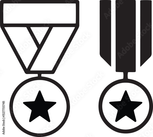 Military Award Medals Vector Icon Set – Outline and Solid Style, Vector Award Medals with Star – Flat Military Symbols, Black and White Medal Badges – Honor and Achievement Icons