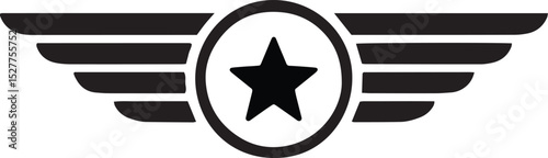 Military Star Wings Emblem Vector – Black Silhouette Icon, Military Star Badge with Wings – Vector Emblem Design, Aviation Wing Insignia with Star – Flat Vector Icon