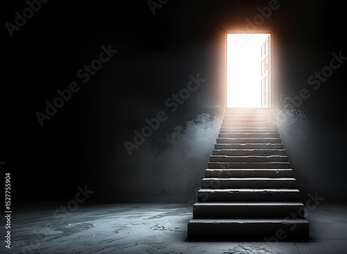 A dark interior space with a stairway leading to a light-filled doorway, evoking a sense of possibility.
