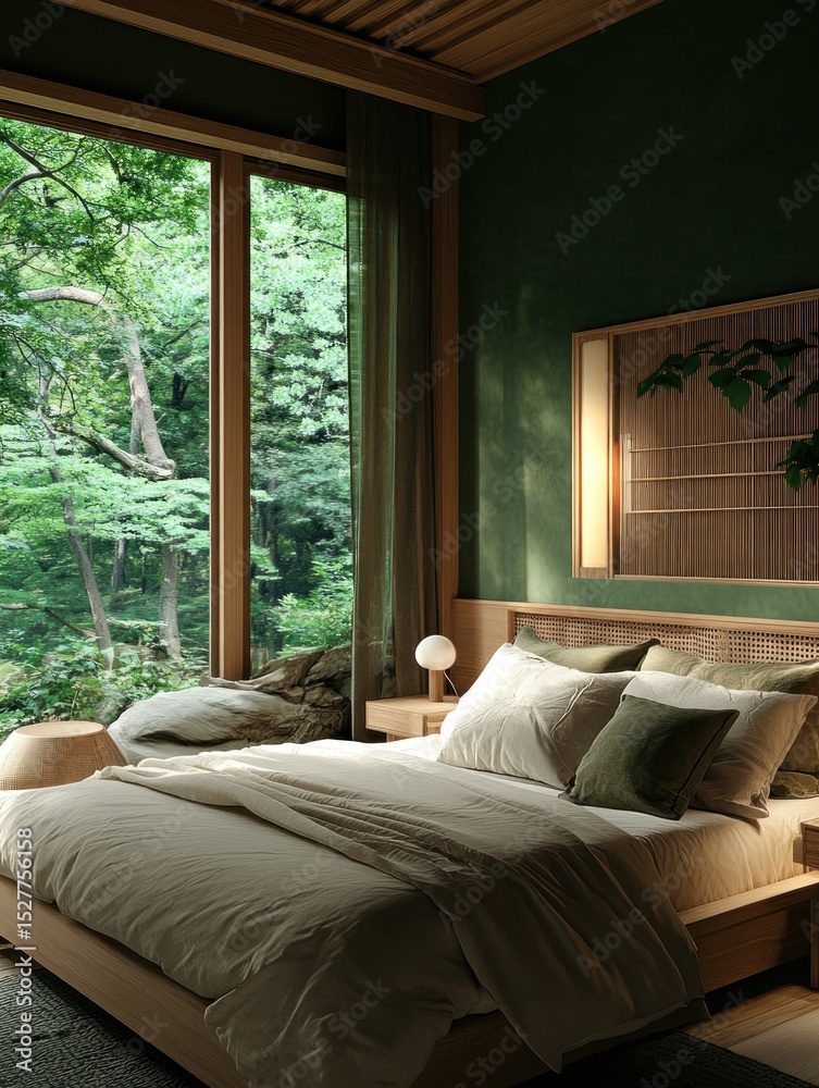 Fototapeta premium Calm bedroom with forest view