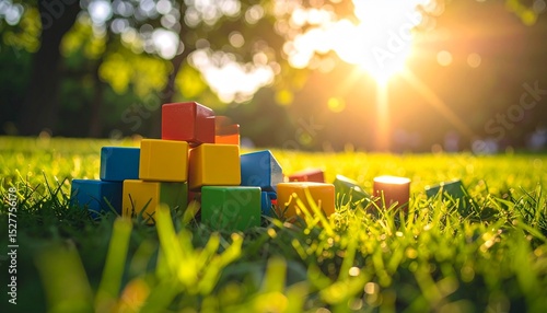 Glossy toy blocks toppled over soft green grass, sunlight catching edges to enhance their playful energy